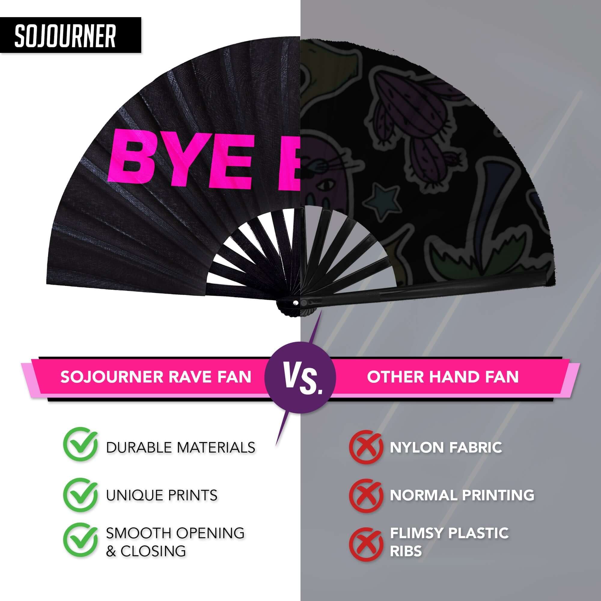 Festival Fans comparison showcasing SoJourner rave fan vs. other hand fans with unique prints and durable materials.