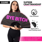 Festival Fans - Stylish bamboo folding fan with pink text, perfect for rave outfits and keeping cool at events.