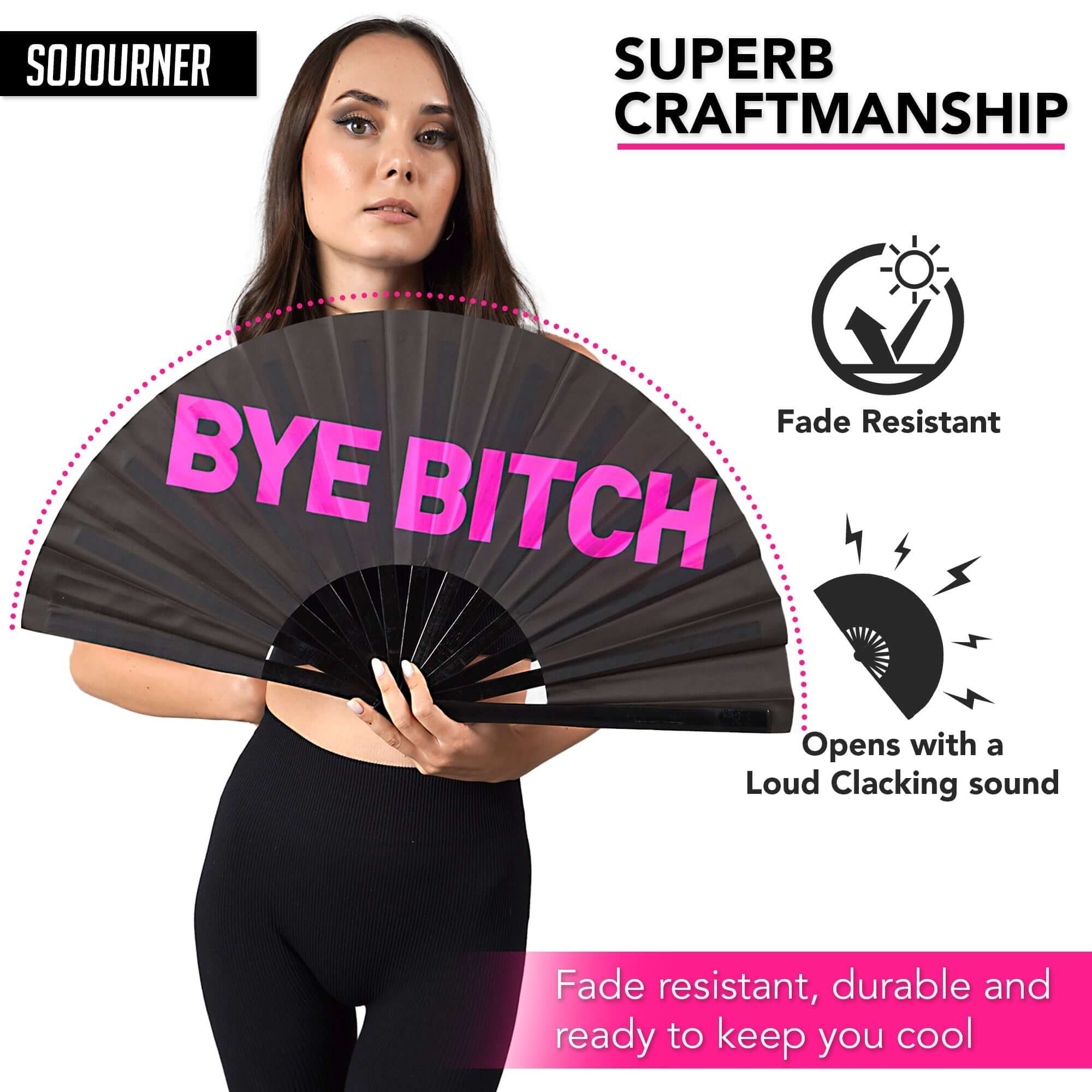 Festival Fans - Stylish bamboo folding fan with pink text, perfect for rave outfits and keeping cool at events.