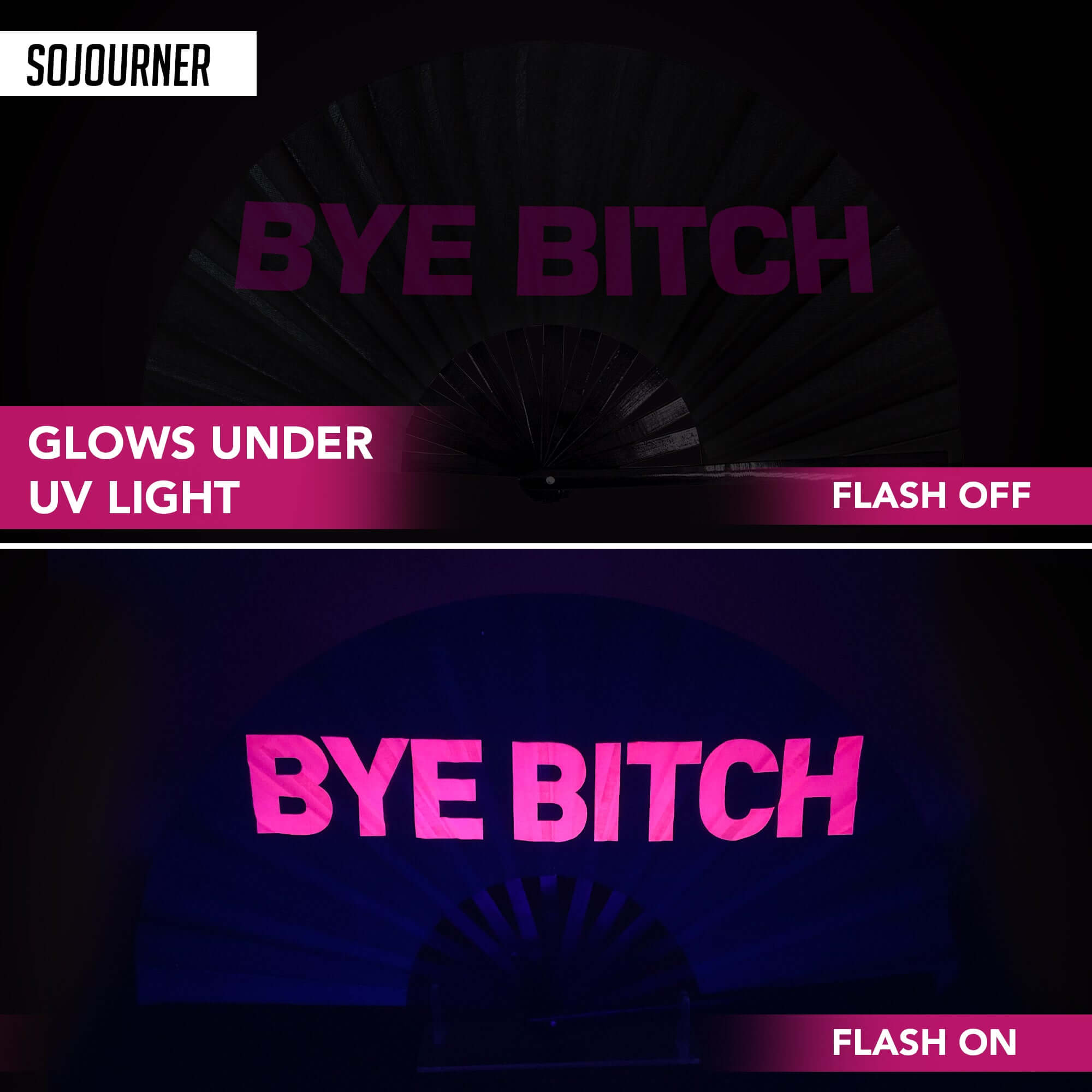 Festival Fans glowing in UV light, showcasing bold text design perfect for rave outfits at festivals.