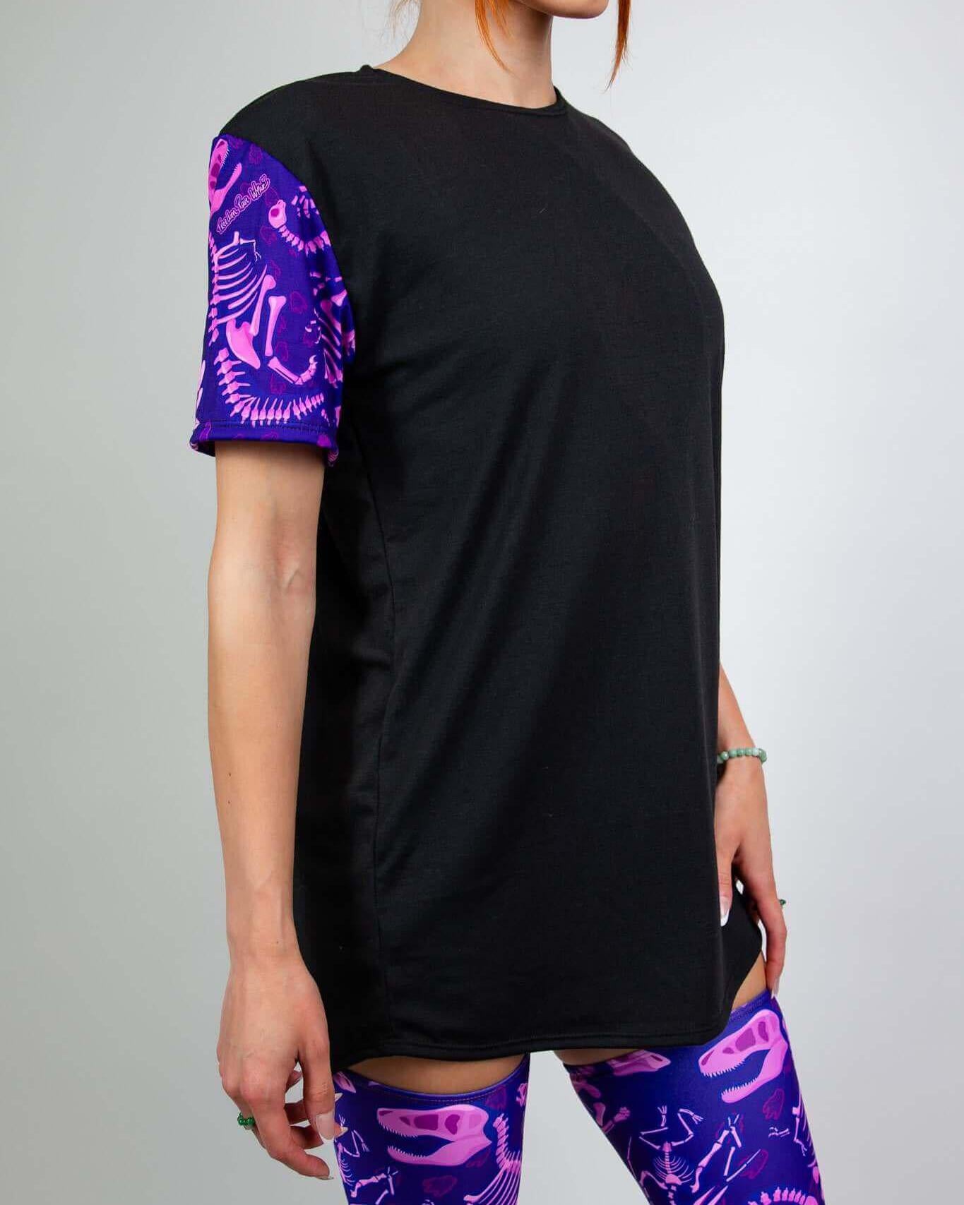 Baby Steps unisex t-shirt with purple dinosaur fossil sleeves, perfect for trendy rave outfits.