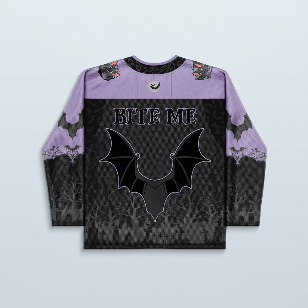 Batshit Hockey Jersey - Limited Editon featuring a 'BITE ME' design with bats and graveyard print.