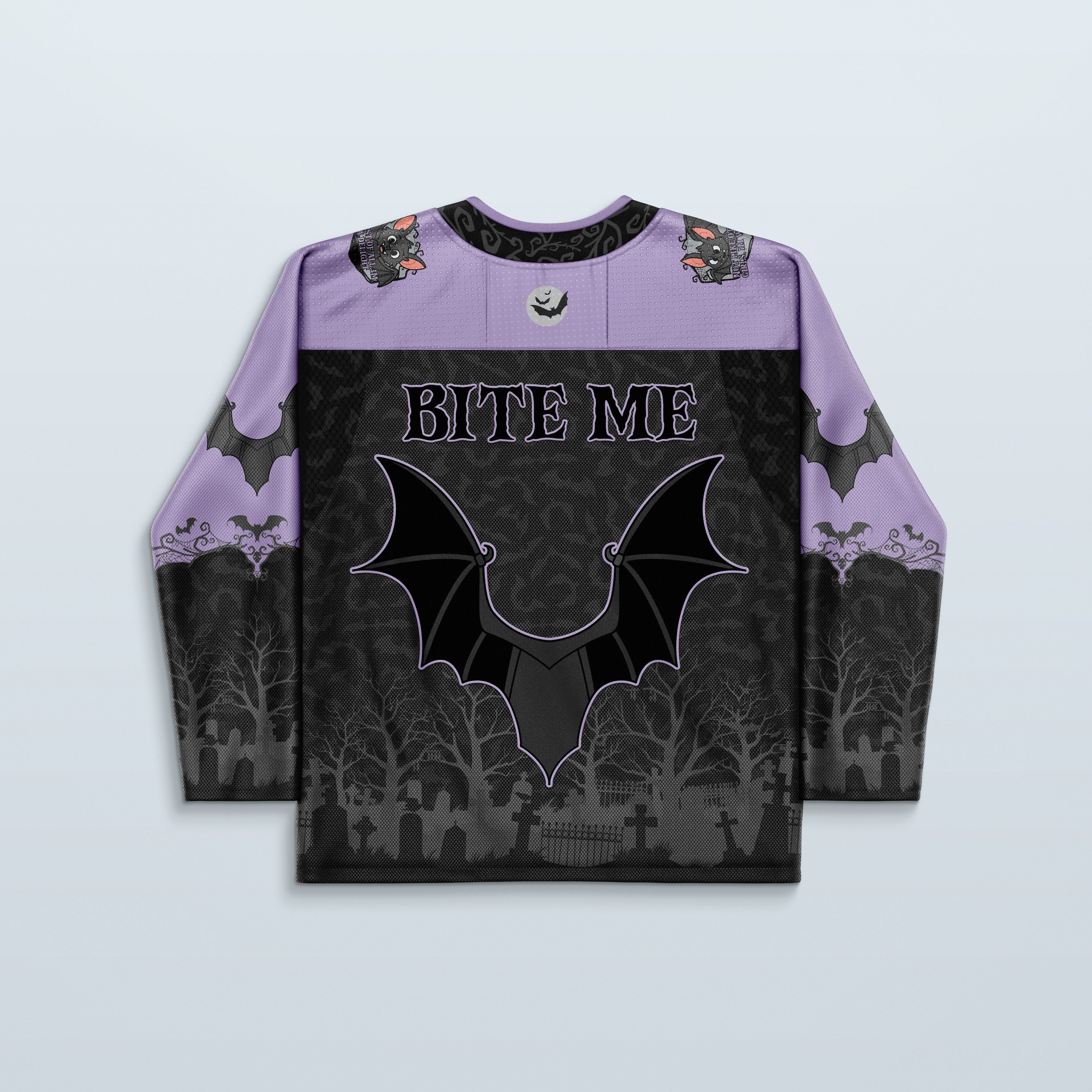 Batshit Hockey Jersey - Limited Editon featuring a 'BITE ME' design with bats and graveyard print.