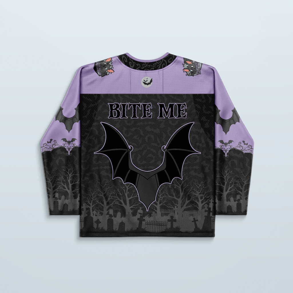 Batshit Hockey Jersey - Limited Editon featuring a 'BITE ME' design with bats and graveyard print.