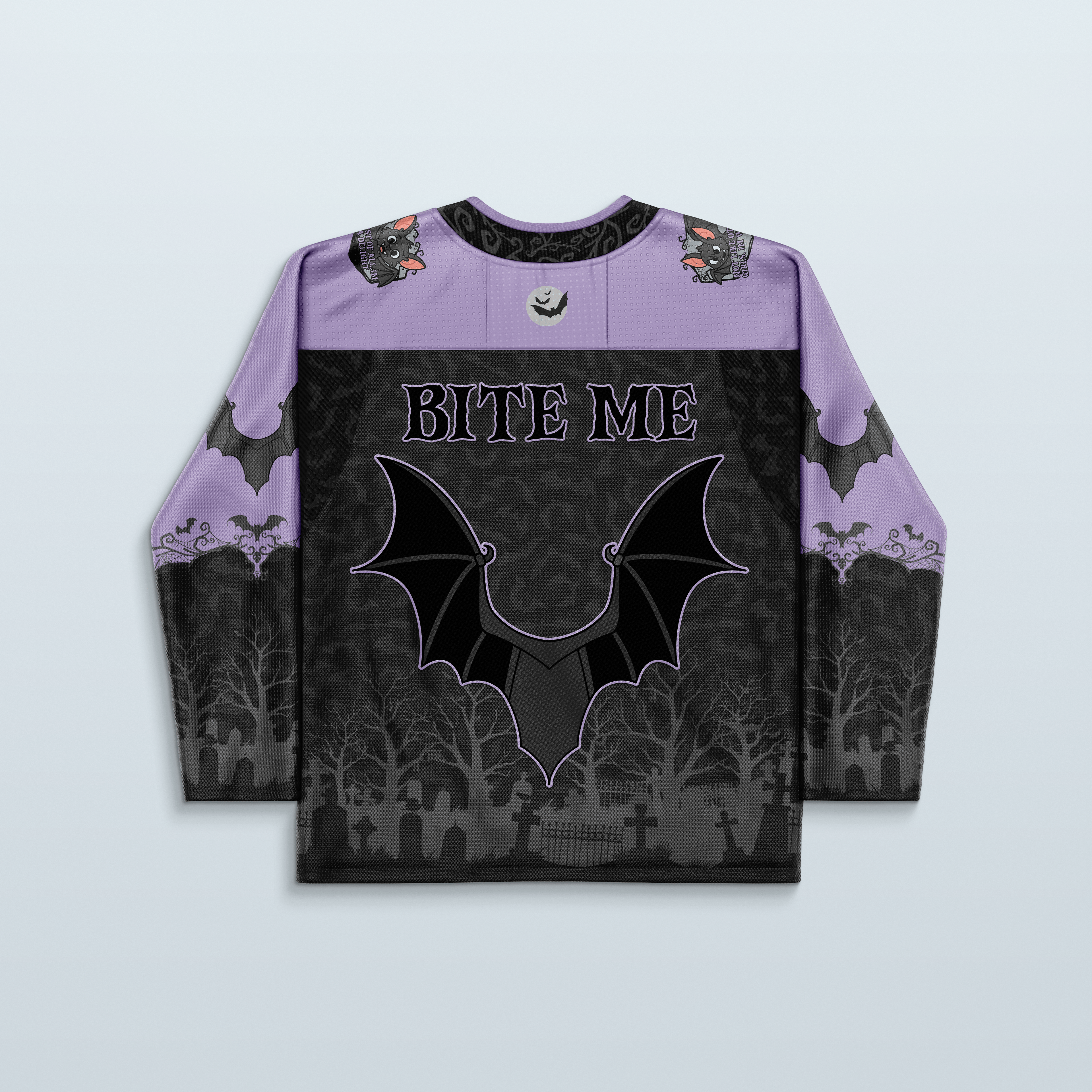 Batshit Hockey Jersey - Limited Editon featuring a 'BITE ME' design with bats and graveyard print.