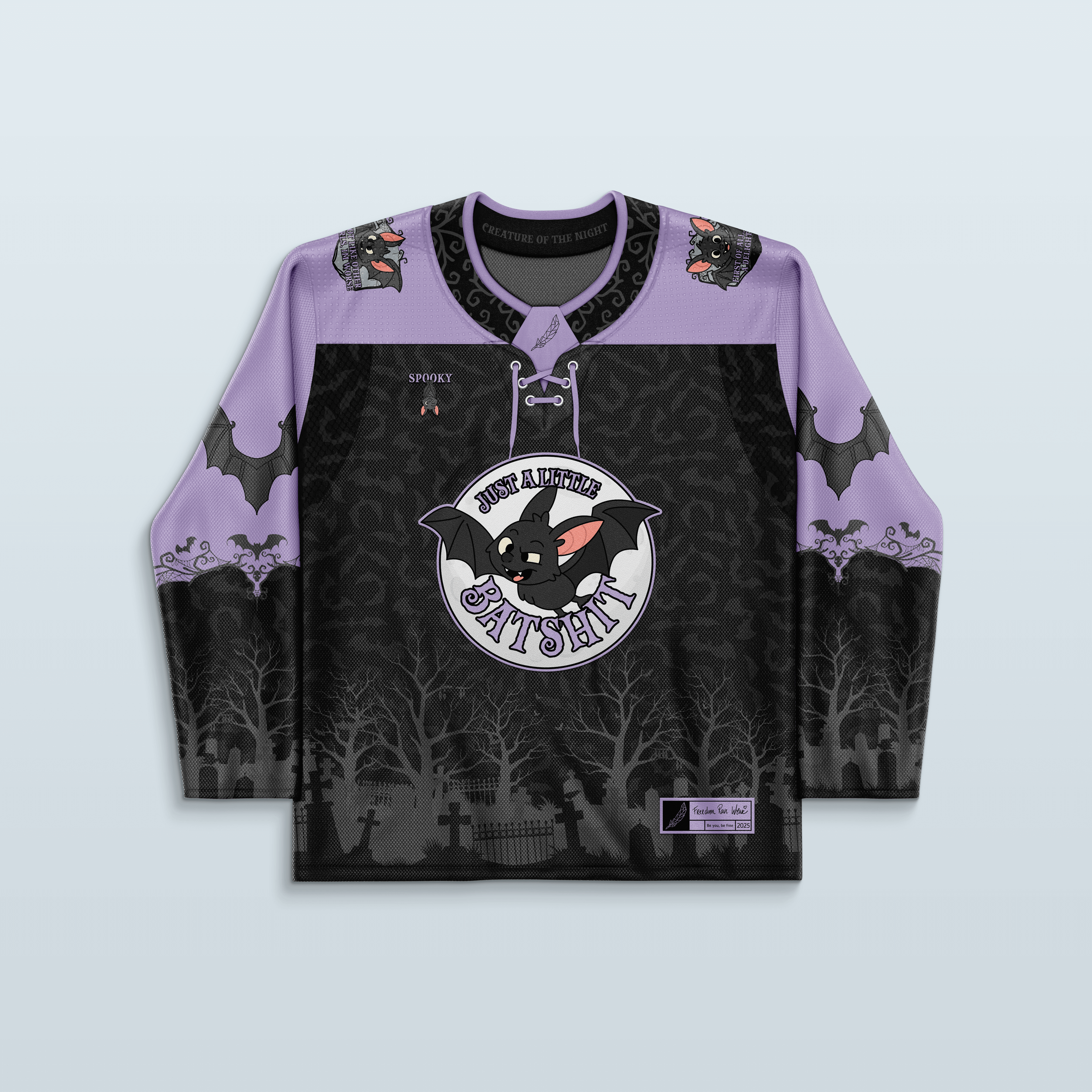 Batshit Hockey Jersey - Limited Editon featuring a graveyard print and eerie bat design for rave outfits.