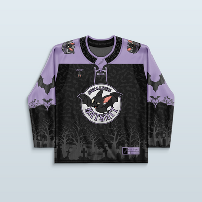 Batshit Hockey Jersey - Limited Editon featuring a graveyard print and eerie bat design for rave outfits.