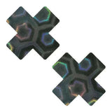 Black Nuclear Nightmare Trippy 3D Holographic X Nipple Cover Pasties set, featuring two black holographic X-shaped pasties with a psychedelic design, perfect for rave outfits.