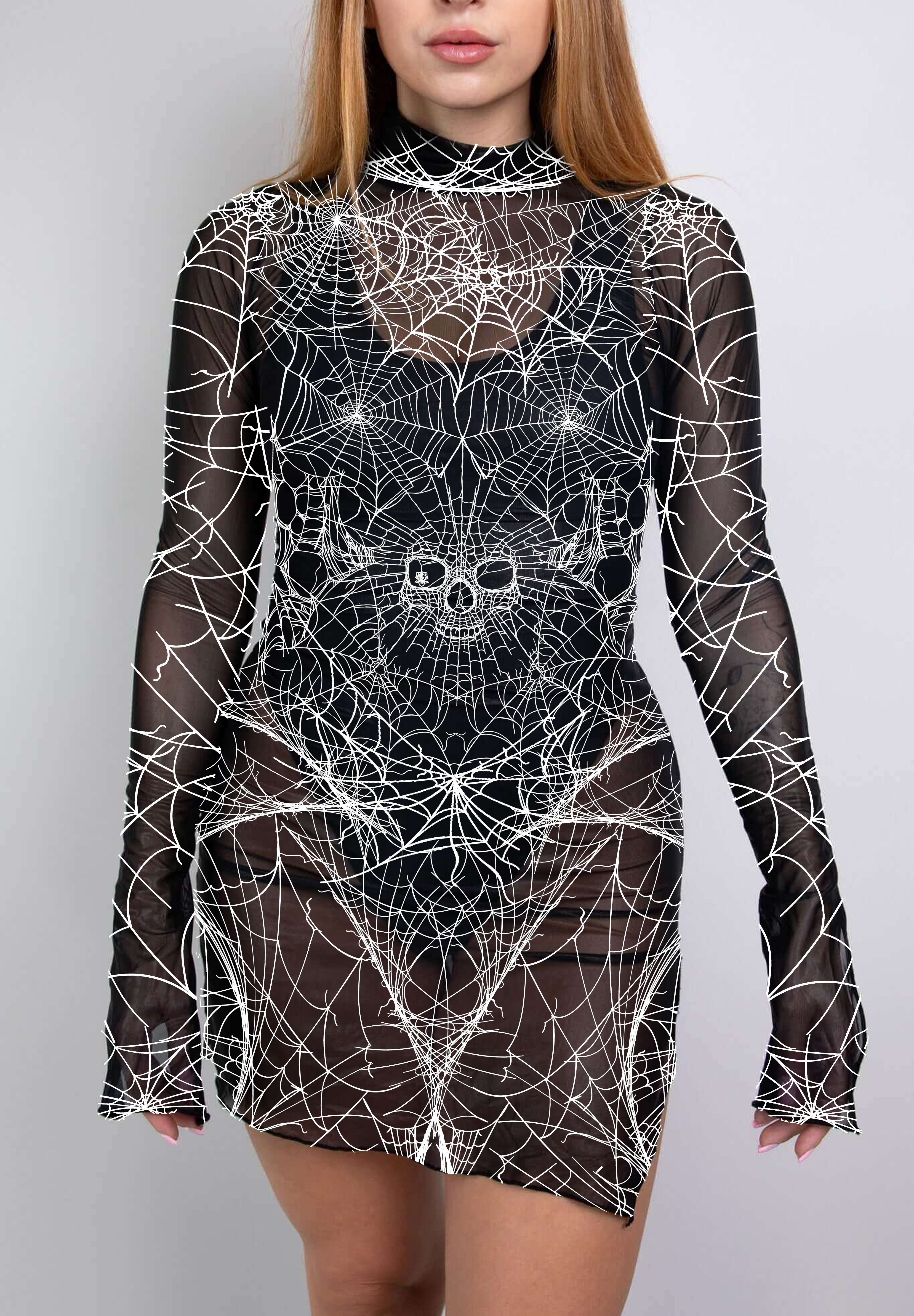 A sheer mesh mini dress with white spider web patterns, blending daring and gothic styles with a sultry, ethereal feel.