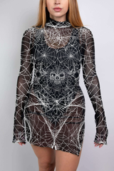 A sheer mesh mini dress with white spider web patterns, blending daring and gothic styles with a sultry, ethereal feel.