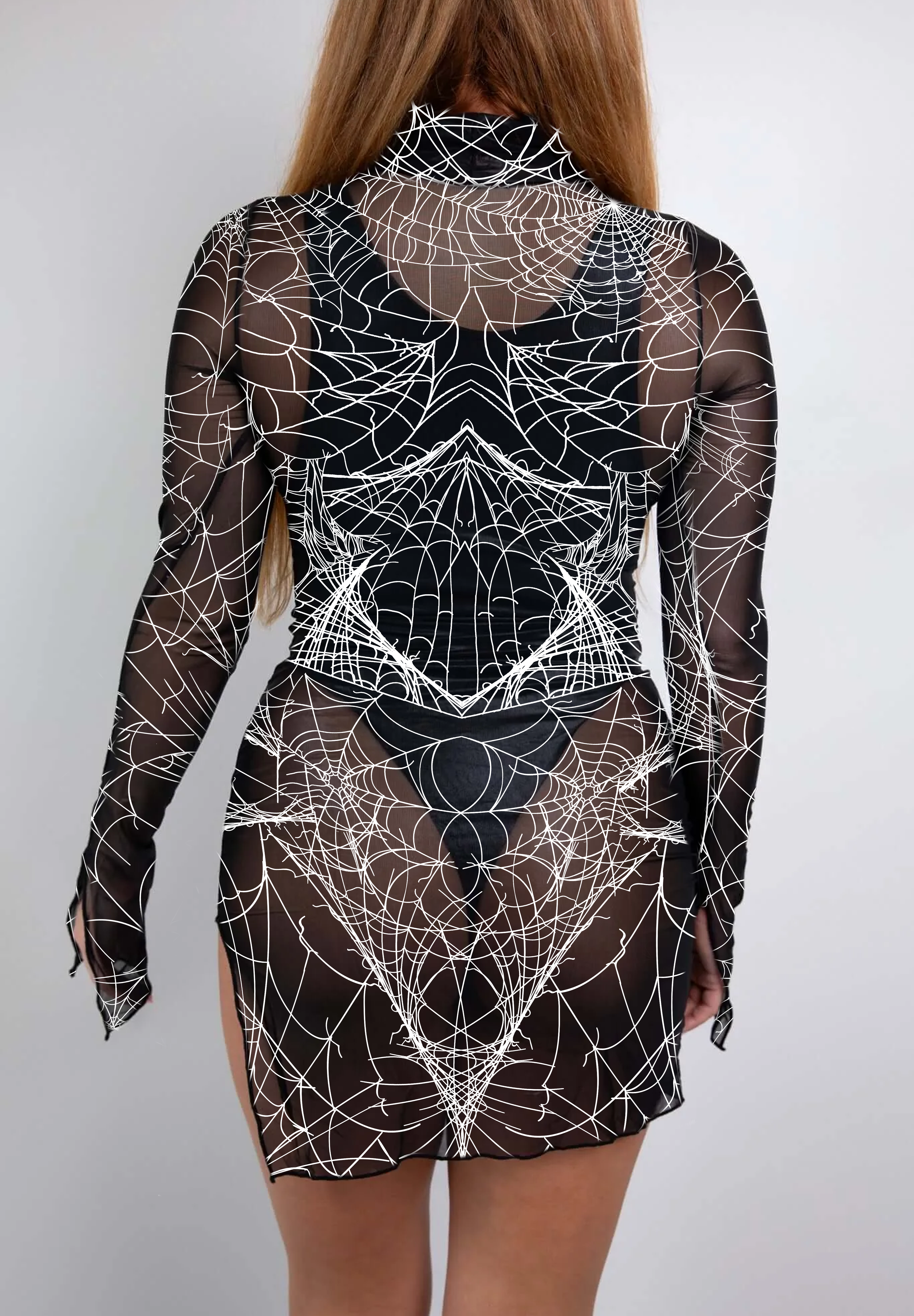 A sheer mesh mini dress with white spider web patterns, blending daring and gothic styles with a sultry, ethereal feel.