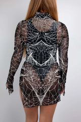 A sheer mesh mini dress with white spider web patterns, blending daring and gothic styles with a sultry, ethereal feel.