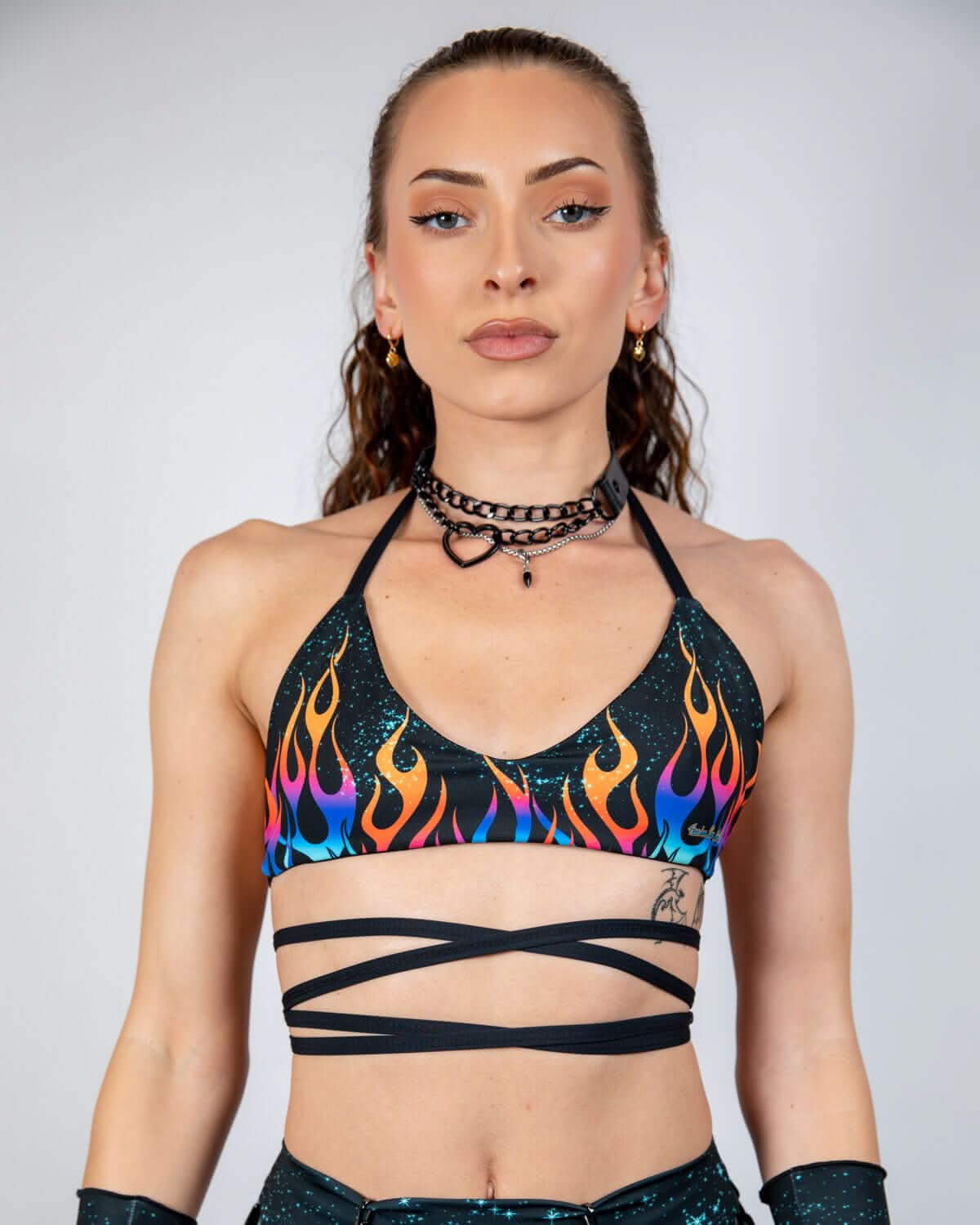Blaze Extra Mile Bralette with colorful flame print, perfect for rave outfits and festival style.