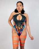 Blaze Halo Bodysuit with flame print and keyhole front, perfect for rave outfits and bold style.