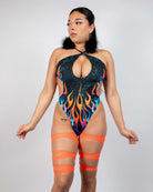 Blaze Halo Bodysuit featuring vibrant flame print, daring cutouts, and a keyhole front, perfect for rave outfits.
