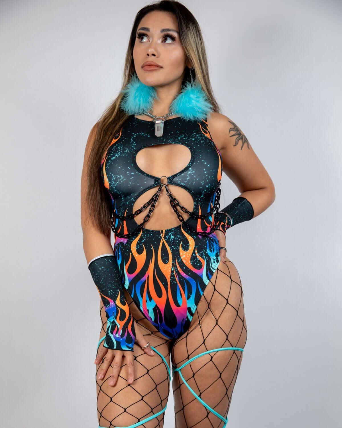 Blaze Keyhole Bodysuit featuring flame print, keyhole cutouts, and rave outfit styling, perfect for bold looks.