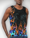 Model wearing Blaze Men's Tank Top featuring vibrant flame print, perfect for rave outfits and summer festivals.