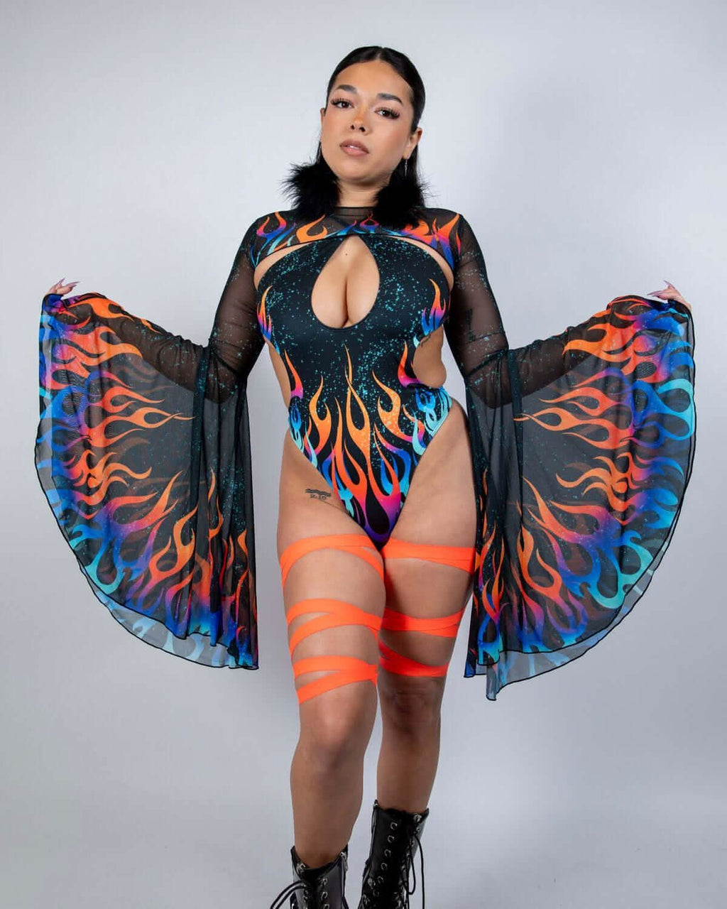 Model wearing Blaze Mesh Bell Sleeves with flame print, perfect for rave outfits and festival fashion.