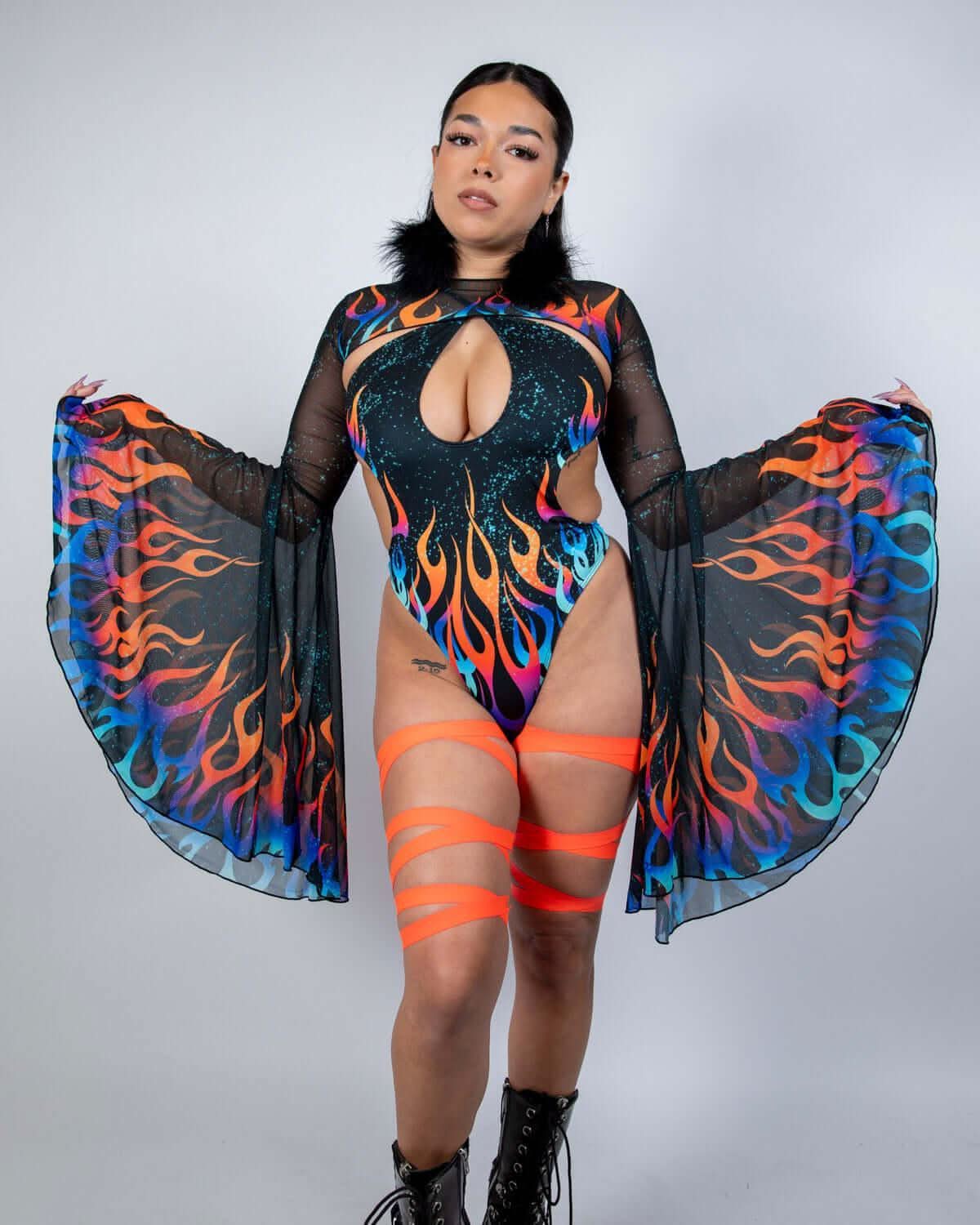 Model wearing Blaze Mesh Bell Sleeves with flame print, perfect for rave outfits and festival fashion.