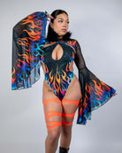Model wearing Blaze Mesh Bell Sleeves with flame galaxy print, perfect for rave outfits and festival looks.