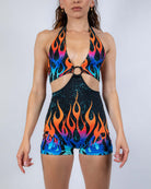 Vibrant Blaze Romper with halter neckline and flame print, perfect for rave outfits and summer festivals.