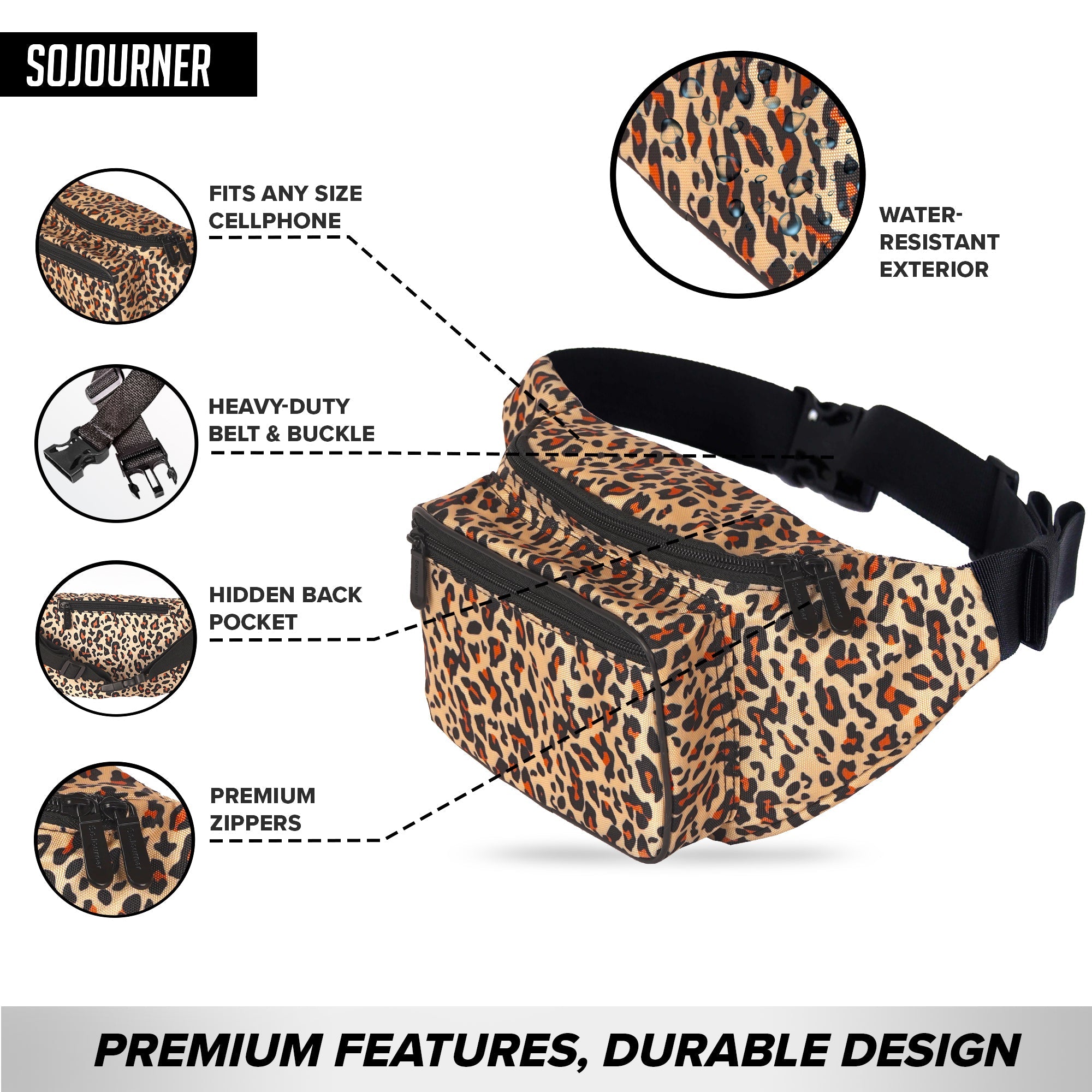 Fanny Pack (Solids) featuring a leopard print design with premium zippers and hidden back pocket for rave outfits.