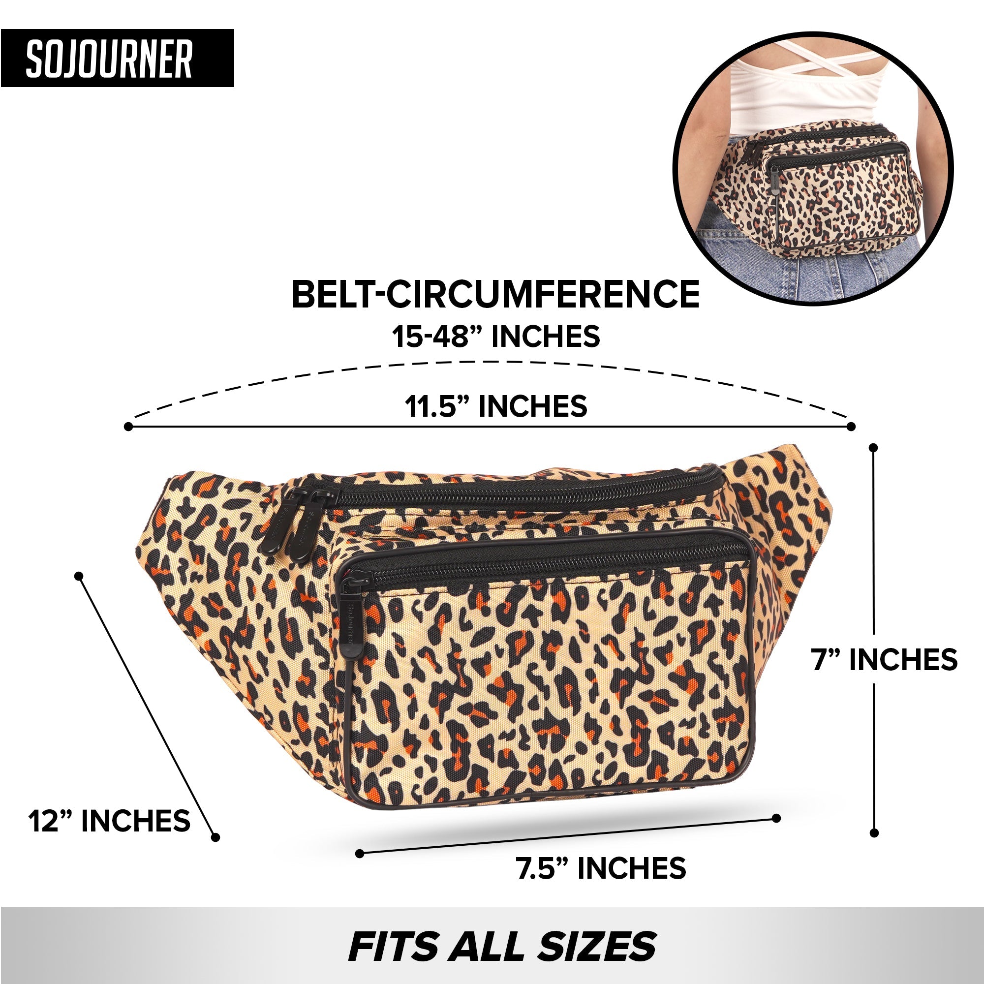 Fanny Pack (Solids) with leopard print design, spacious pockets, adjustable belt for rave outfits, fits all sizes.