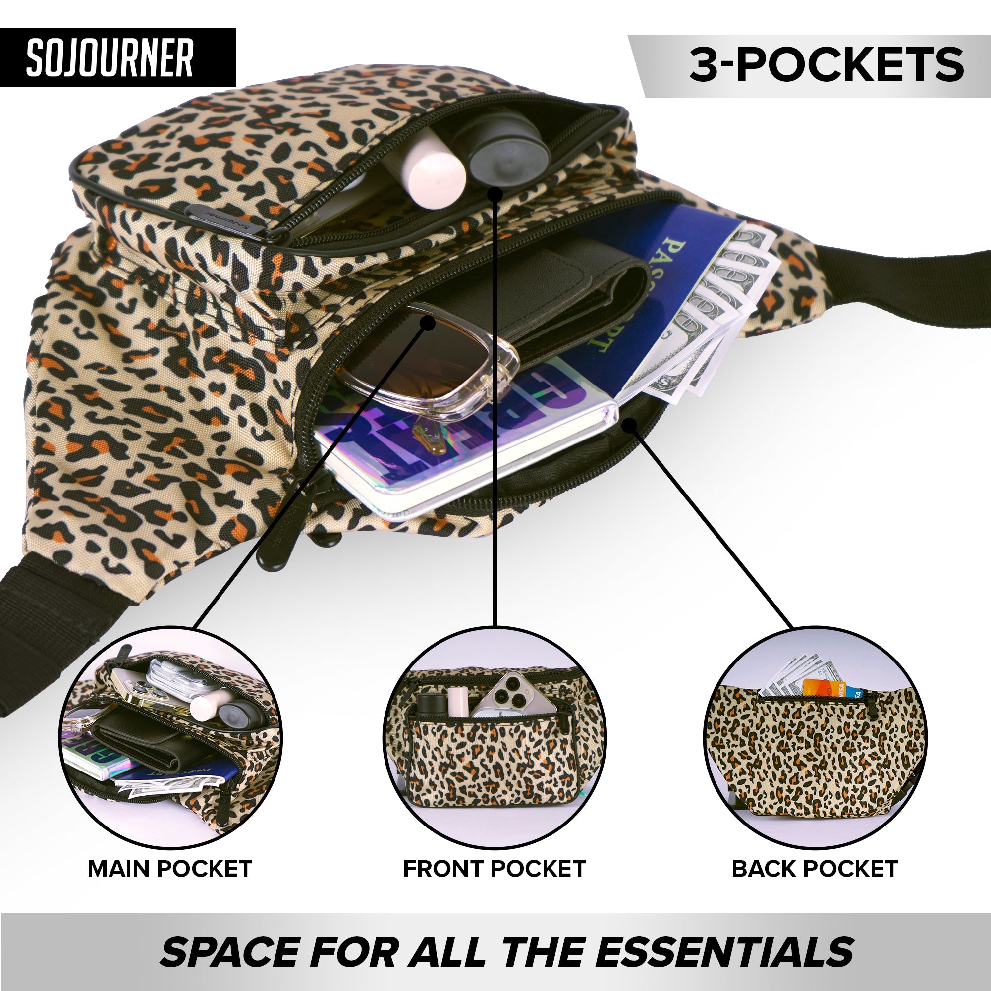 Fanny Pack (Solids) featuring three pockets for organized storage of essentials and a stylish leopard print design.