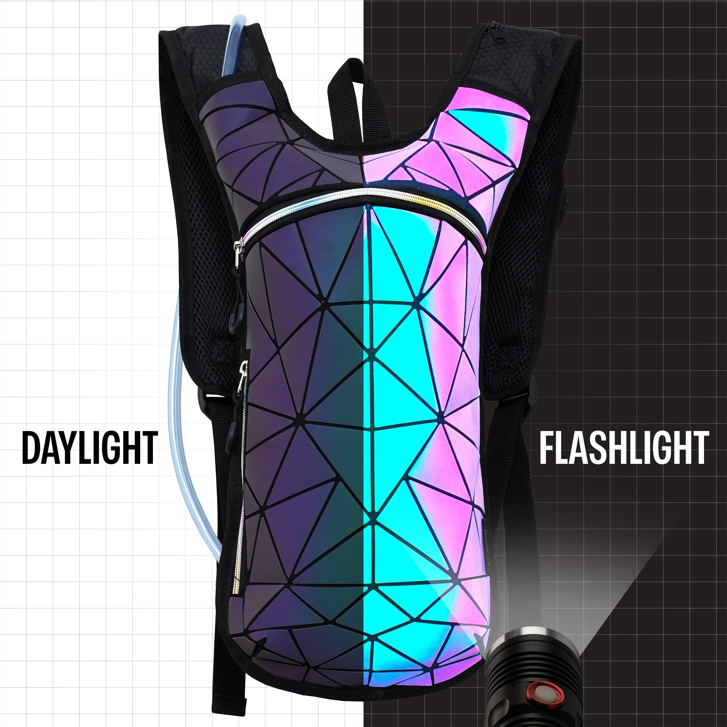 Hydration Pack Backpack (Small) featuring reflective geometric design in daylight and flashlight modes.