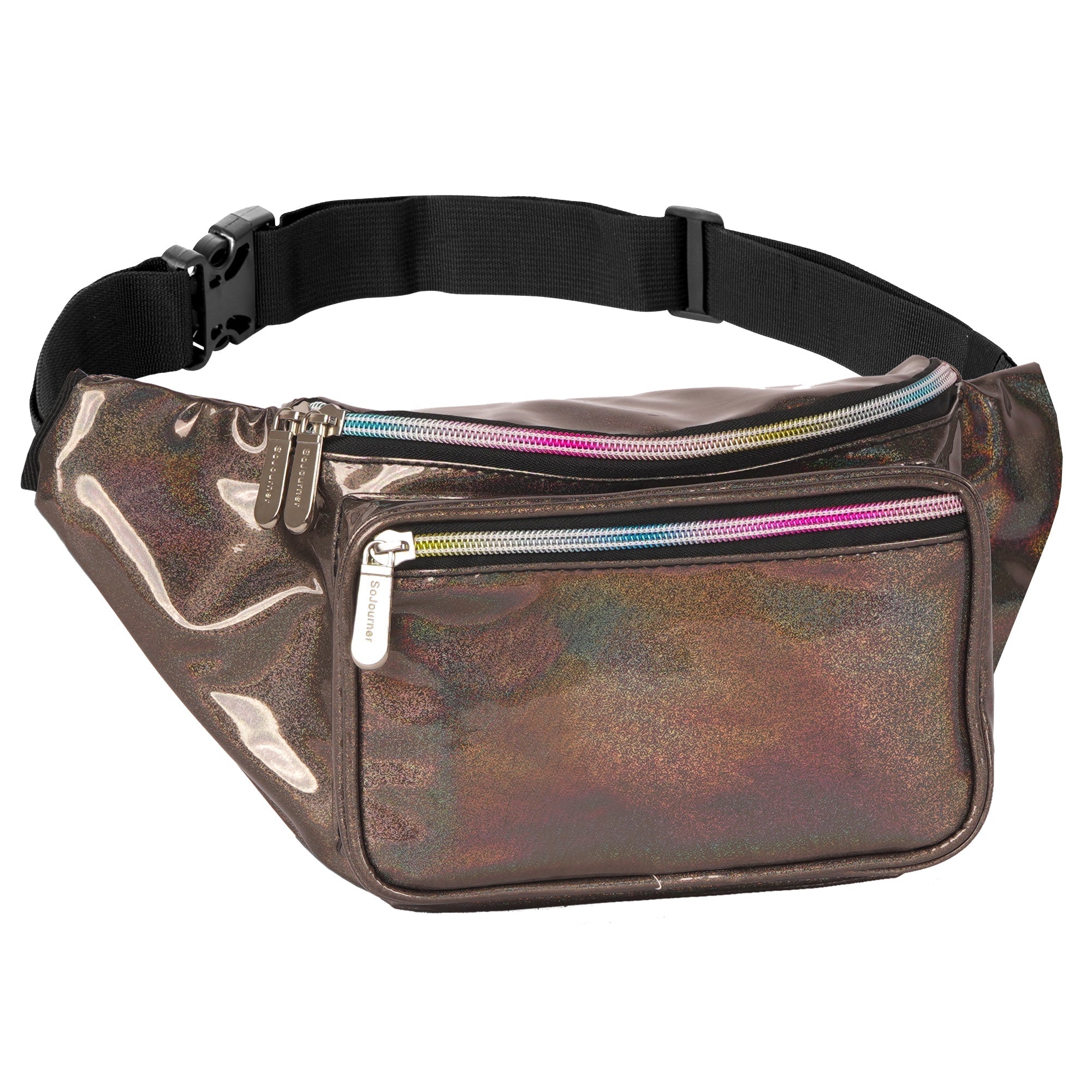 Rave Fanny Pack with holographic design and multiple zippered pockets for festivals and travel.