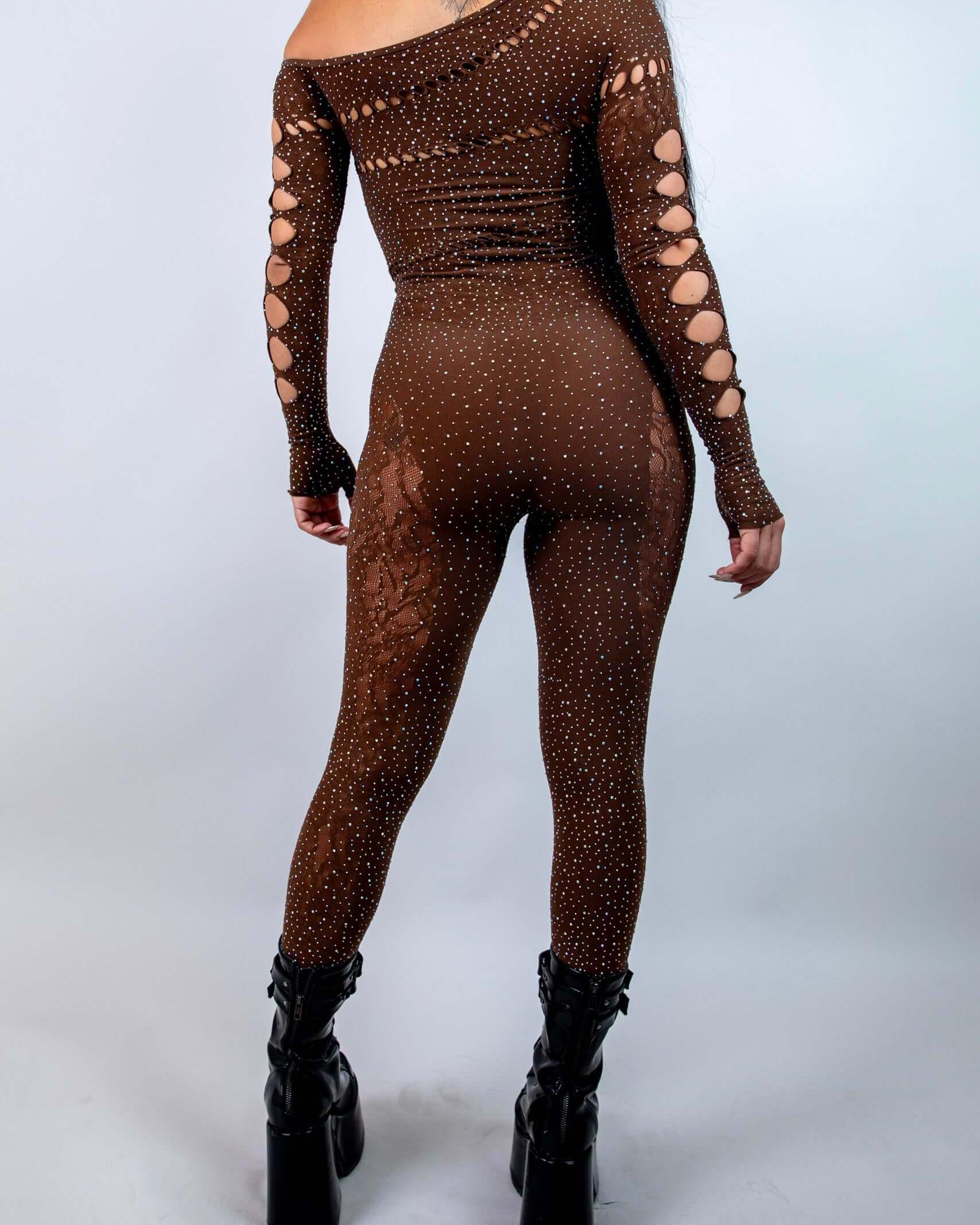 Brown rhinestone off the shoulder jumpsuit with cutouts, perfect for rave outfits and standout events.