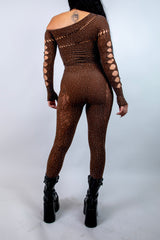 Brown rhinestone off the shoulder jumpsuit with cutouts, perfect for rave outfits and standout events.