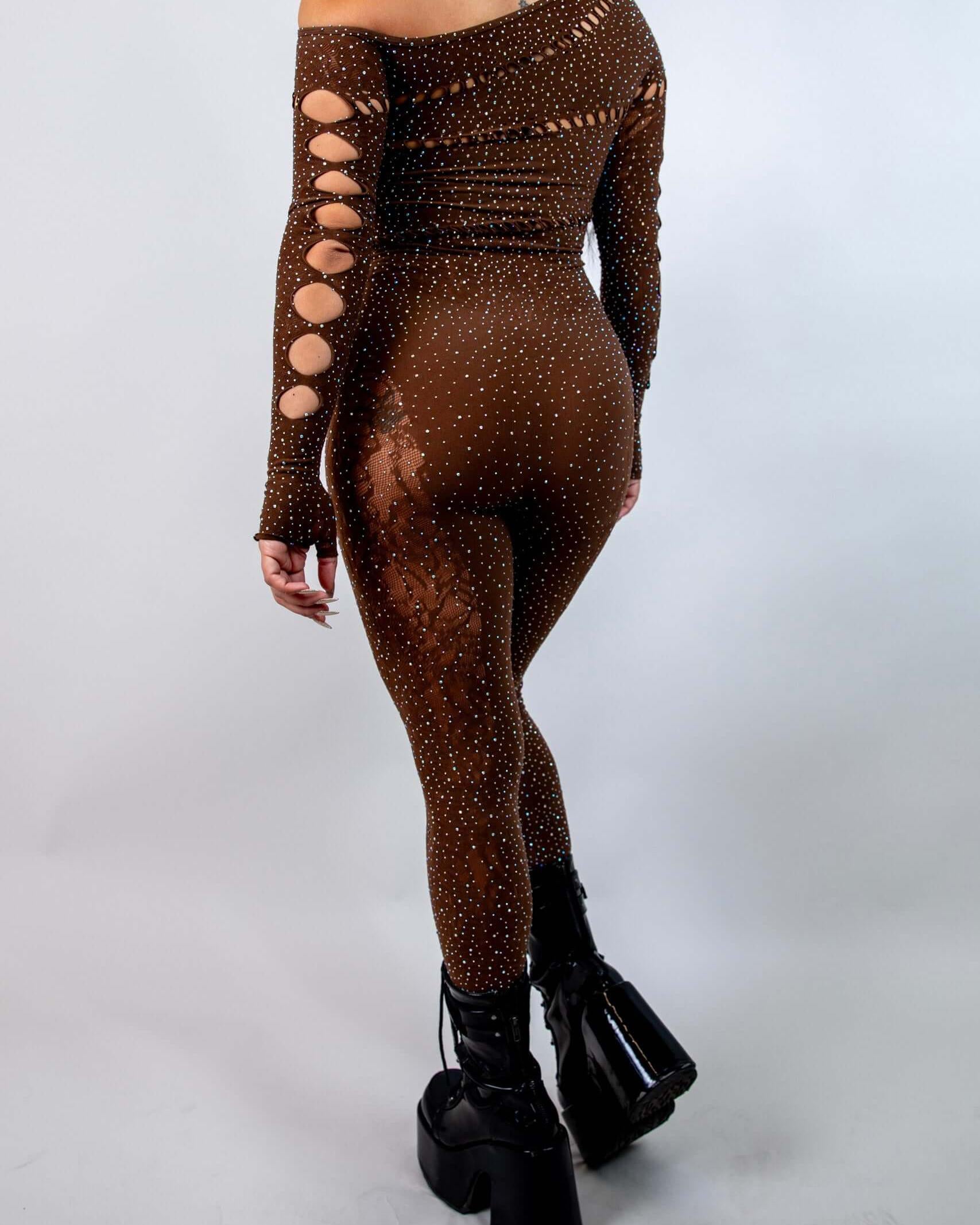 Camilla Rhinestone Off the Shoulder Jumpsuit in brown, featuring cutouts and rhinestones, perfect for rave outfits.