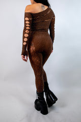 Camilla Rhinestone Off the Shoulder Jumpsuit in brown, featuring cutouts and rhinestones, perfect for rave outfits.