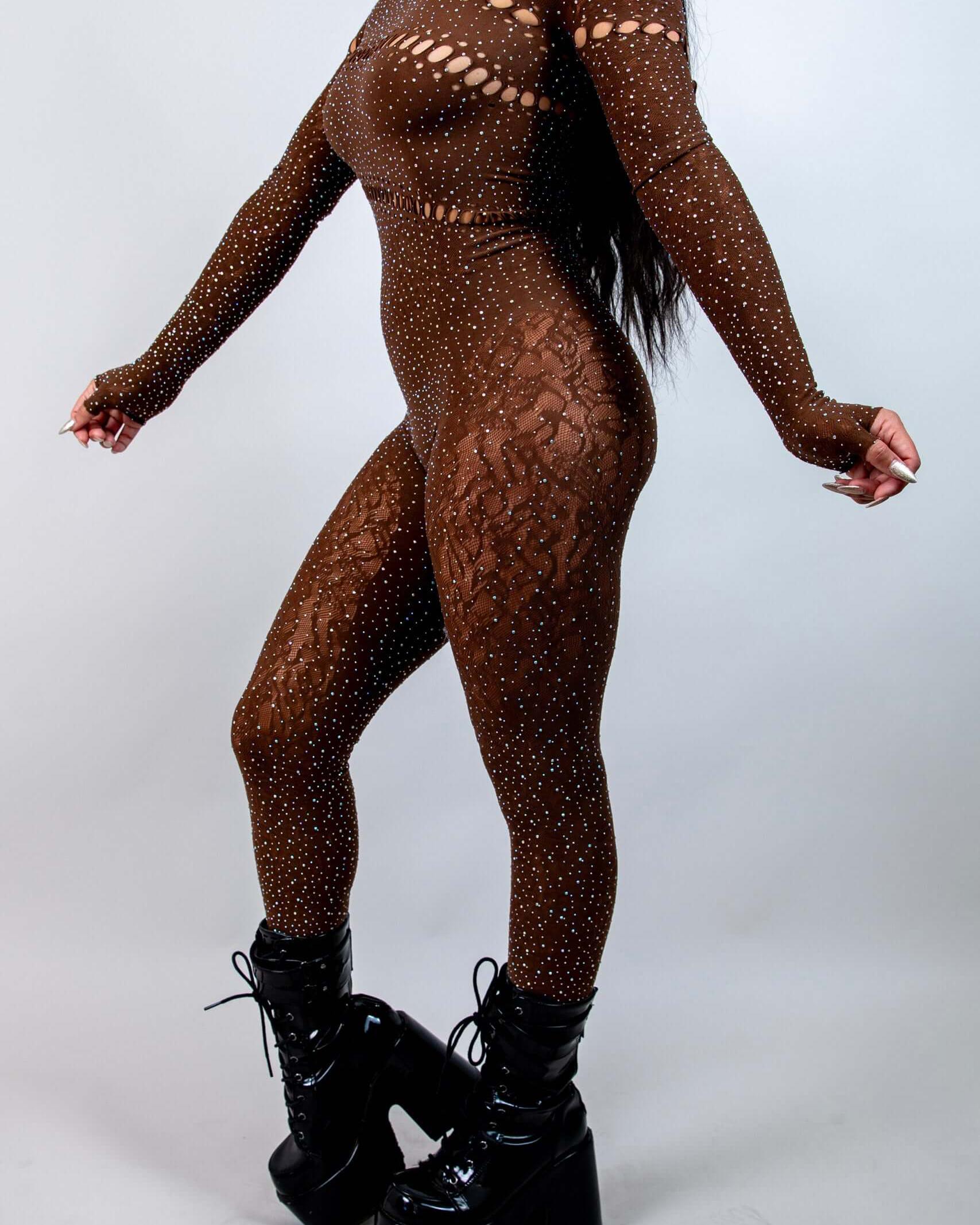 Camilla Rhinestone Off the Shoulder Jumpsuit in brown, featuring rhinestones and cutouts, ideal for rave outfits.