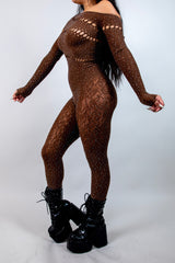 Camilla Rhinestone Off the Shoulder Jumpsuit in brown, featuring rhinestones and cutouts, ideal for rave outfits.