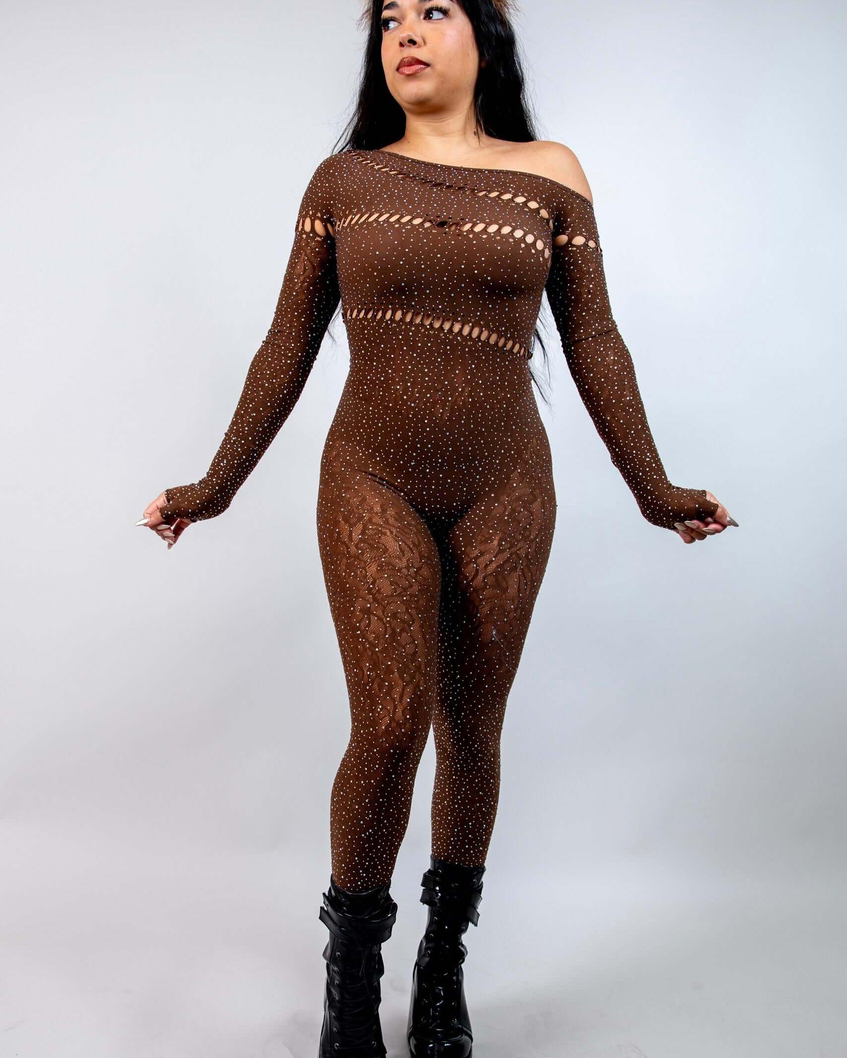 Brown rhinestone off the shoulder jumpsuit, perfect for rave outfits and standout occasions, featuring cutouts and a body-hugging fit.