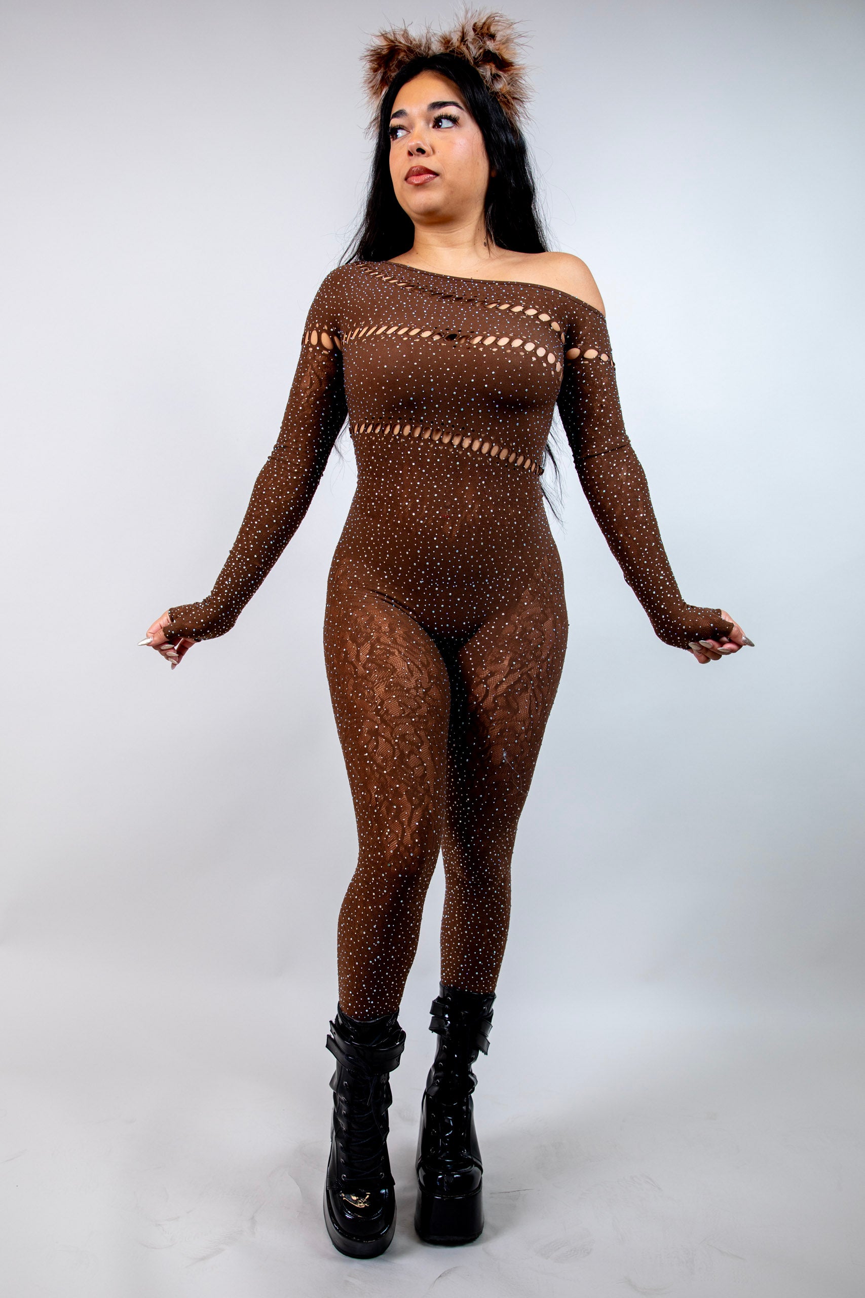 Camilla Rhinestone Off the Shoulder Jumpsuit - Brown