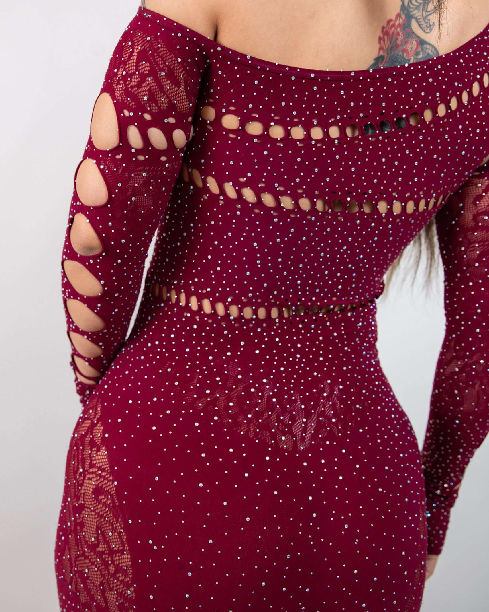 Burgundy rhinestone off the shoulder jumpsuit with cut-out details, perfect for bold rave outfits.