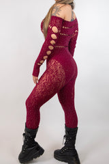 Camilla Rhinestone Off the Shoulder Jumpsuit in burgundy with fishnet and cut-out details, perfect for rave outfits.