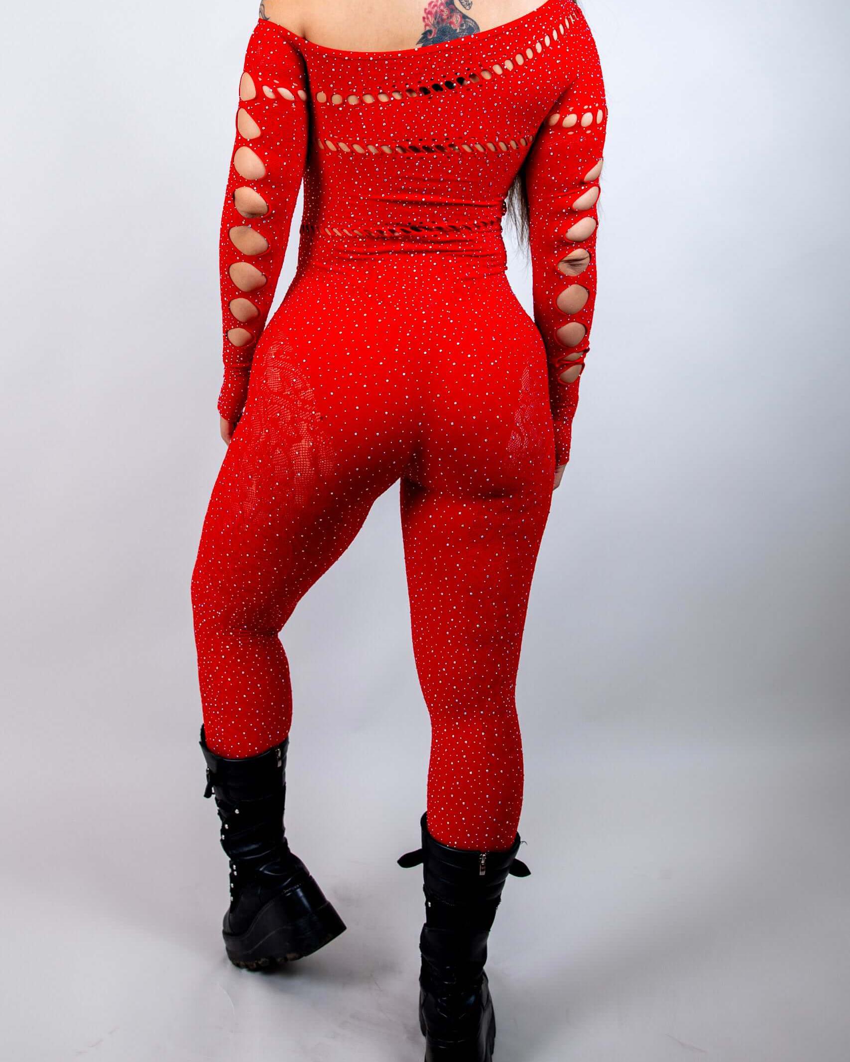 Camilla Rhinestone Off the Shoulder Jumpsuit in red, showcasing back design and cutouts, ideal for rave outfits.