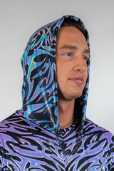 Model in the Chromium Assassin Hood, highlighting its comfortable fit and intricate holographic-inspired design.