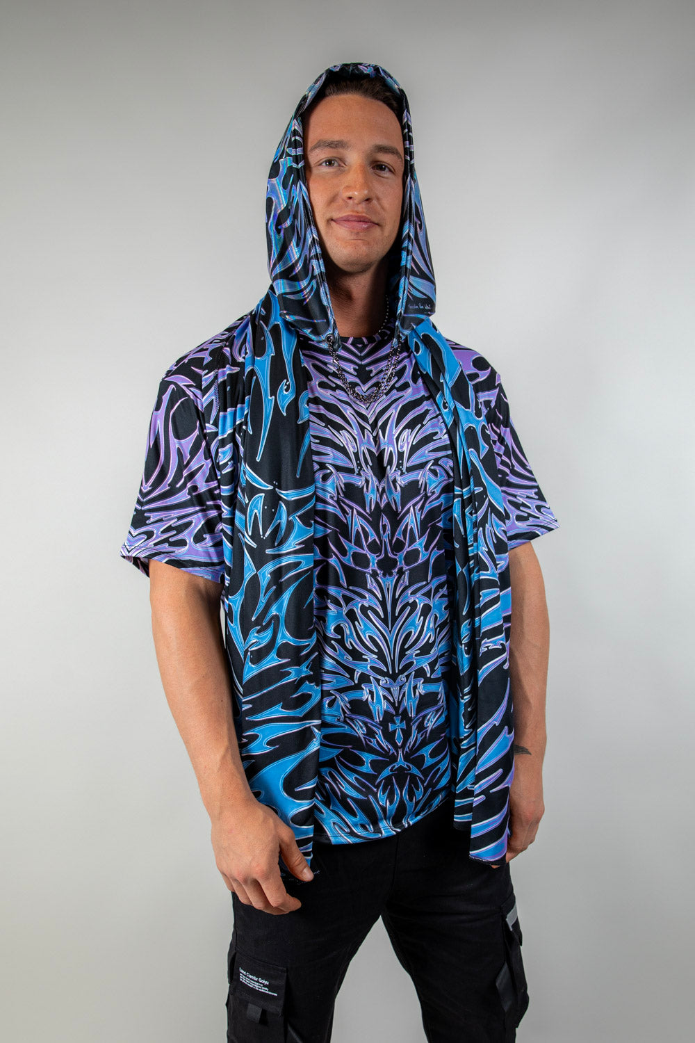 Model wearing the Chromium Festival Scarf draped over the shoulders, highlighting its sleek, versatile festival look.