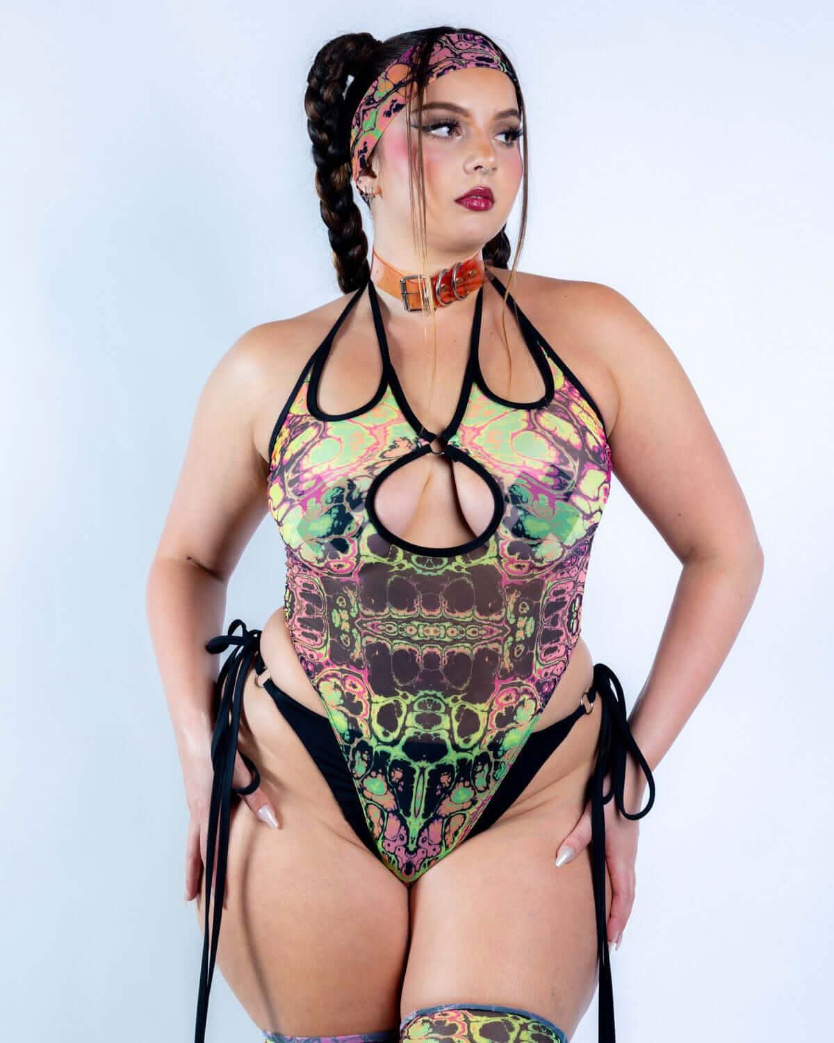 Intensity Cross Faded Bodysuit Set, vibrant UV-reactive print for rave outfits, featuring bold colors and unique design.