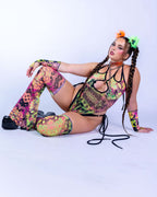 Intensity Cross Faded Bodysuit Set showcasing vibrant UV-reactive prints, perfect for rave outfits.