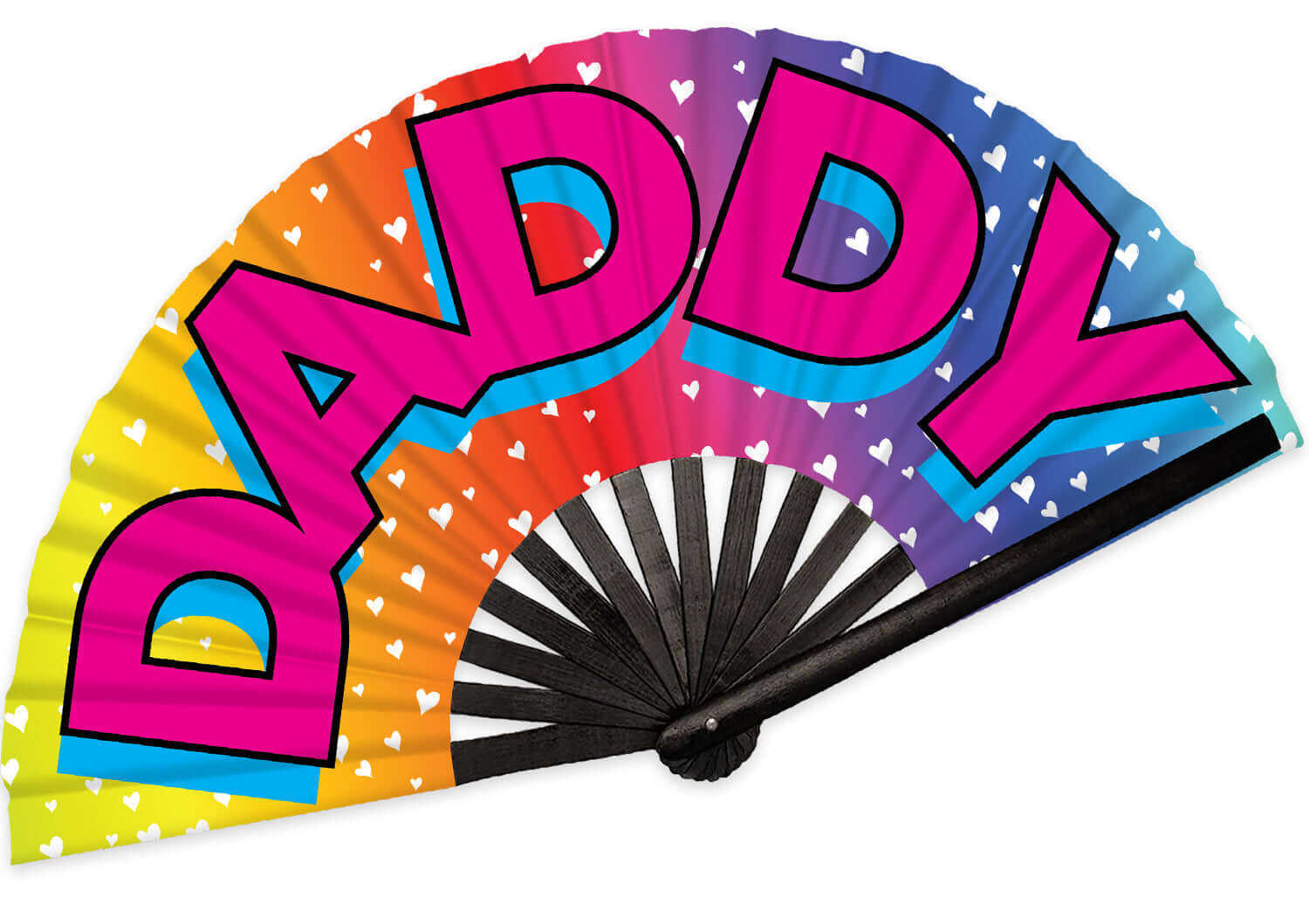 Colorful folding fan with the word 'DADDY' in bold letters, perfect for Festival Fans and rave outfits.