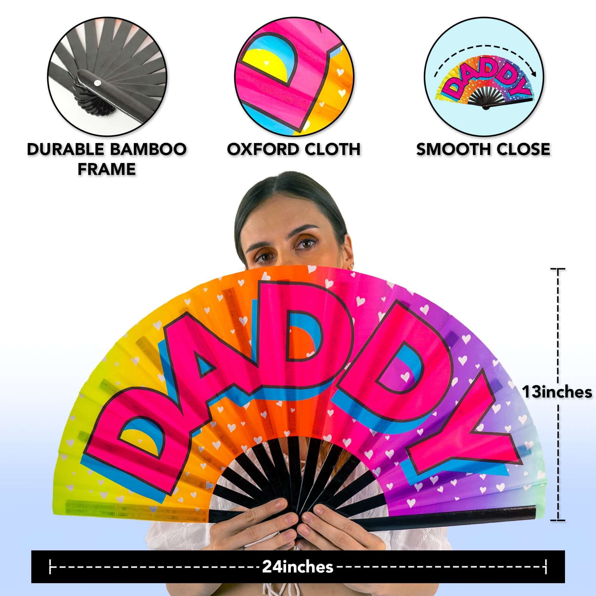 Large Festival Fans with vibrant colors and text, perfect for rave outfits and drag queen performances.
