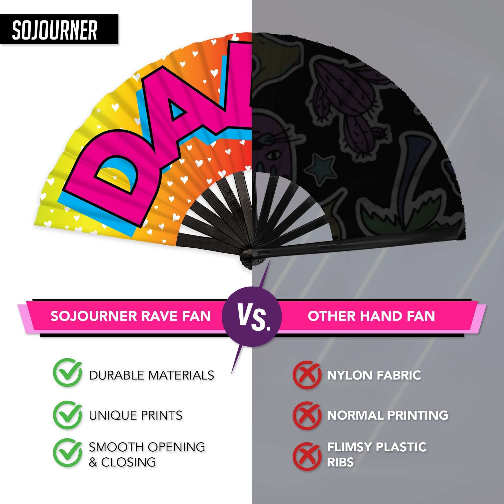 Festival Fans comparison - SoJourner rave fan vs other hand fans with unique prints and durable materials
