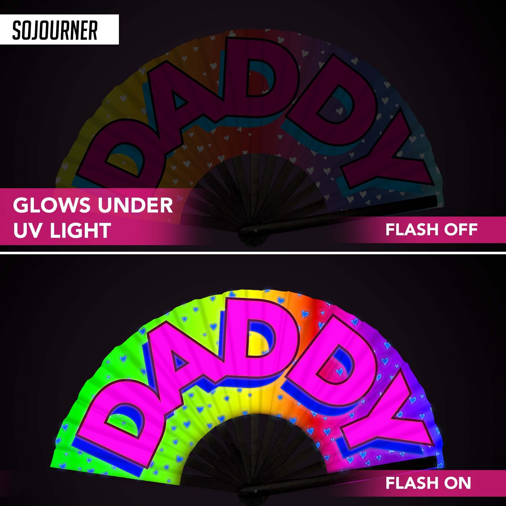 Festival Fans featuring glowing text under UV light, perfect for rave outfits and festive events.