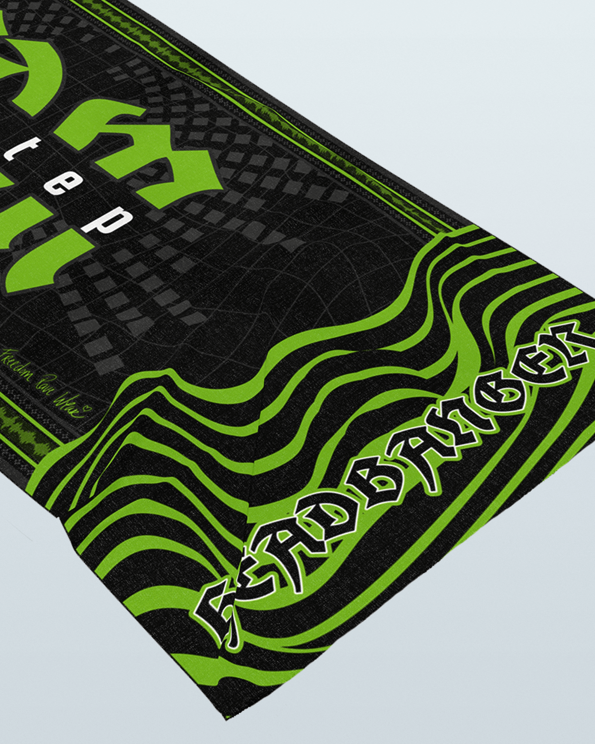 Dubstep Festival Scarf Summer Version in black and green, ideal rave clothing for electronic music lovers.